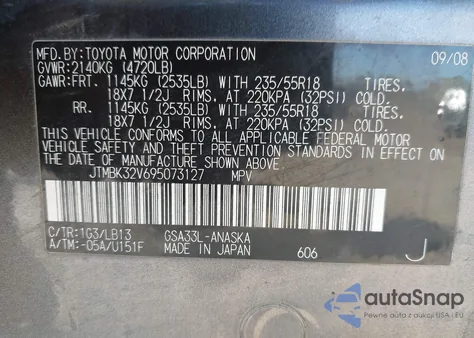 2009 Toyota Rav4 Sport V6 from USA, damaged, VIN JTMBK32V695073127
